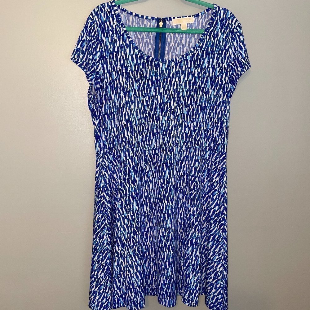 EUC MICHAEL Michael Kors Blue White Printed Short Sleeve Stretch Dress Size XL
